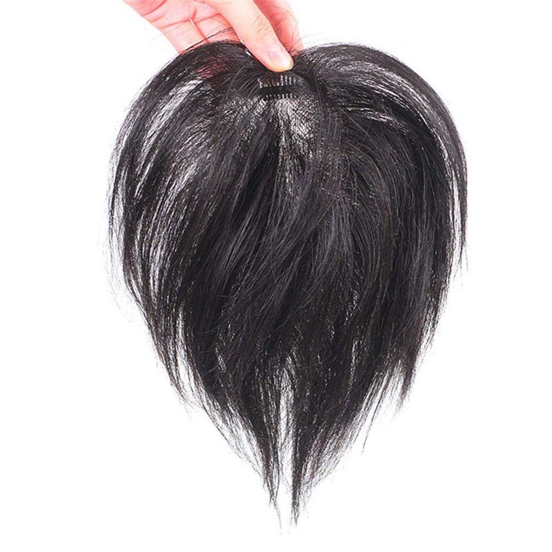 RemeeHi Short Straight Human Hair Toppers 18cm Hand Made Clip in Hairpiece for Covering White Hair Tape Toupee Wiglet 5x7cm Black - Image 5